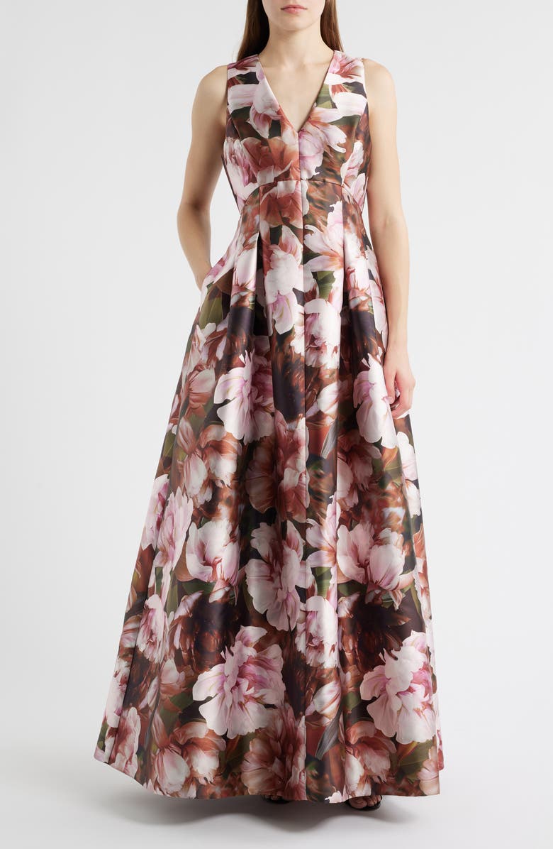 Julia Jordan Floral Box Pleat Sleeveless Ballgown, Main, color, Pink Multi