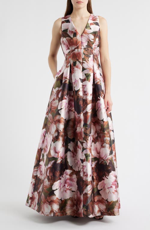 Julia Jordan Floral Box Pleat Sleeveless Ballgown in Pink Multi 