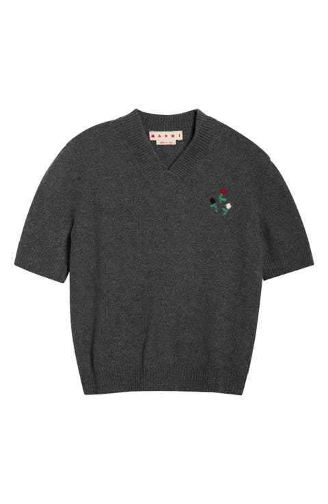 Embroidered Flowers Short Sleeve Wool & Cashmere V-Neck Sweater