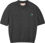 Marni Embroidered Flowers Short Sleeve Wool & Cashmere V-Neck Sweater