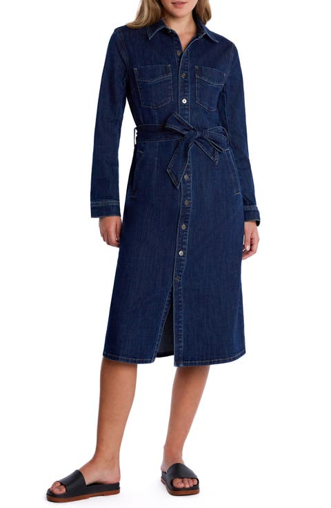 High Up Belted Denim Midi Shirtdress