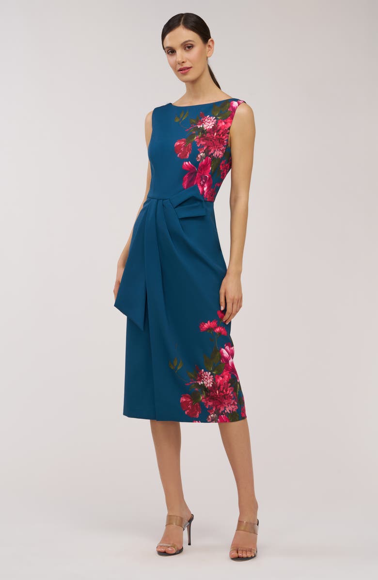 Kay Unger Devin Placement Print Pleated Midi Cocktail Dress, Alternate, color, Blue Opal Multi