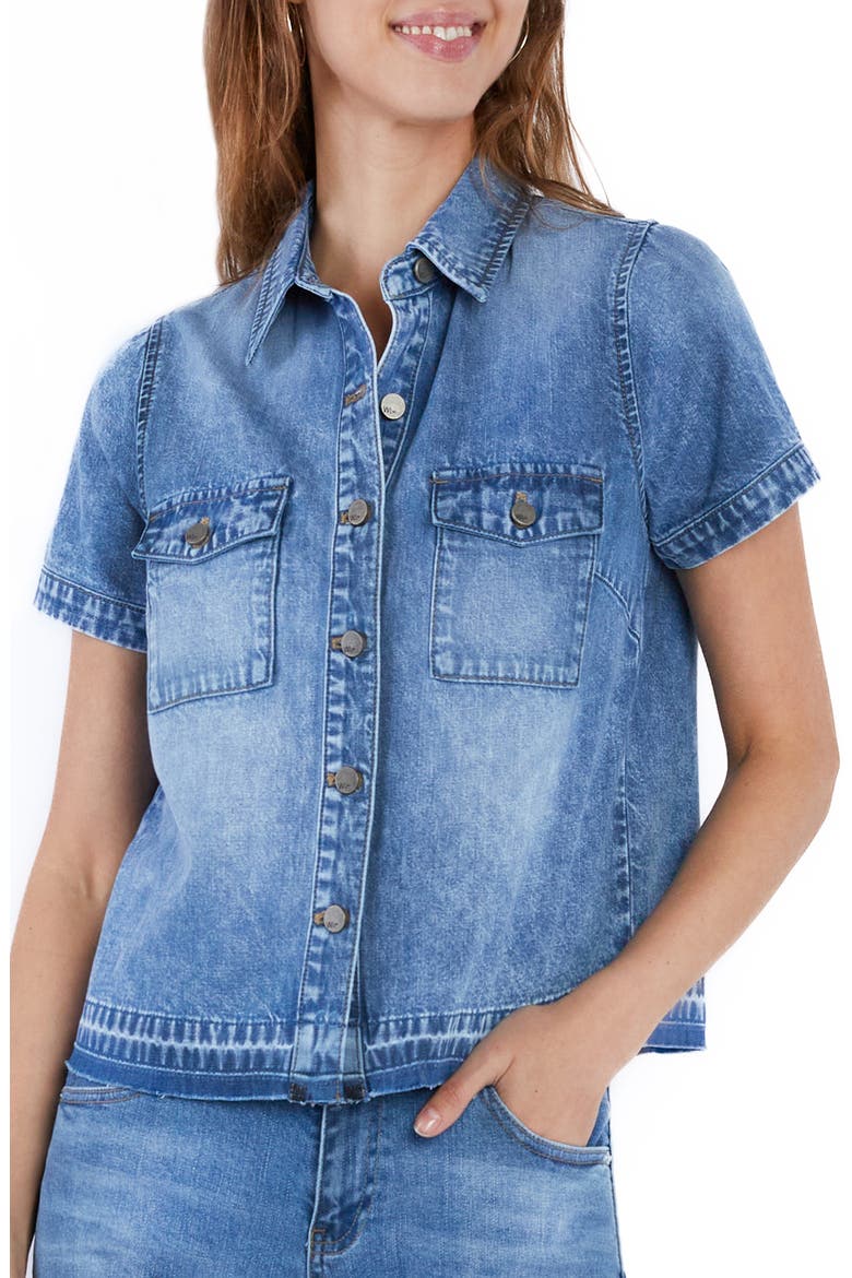 Sara Short Sleeve Denim Shirt, Main, color, POST BLUE