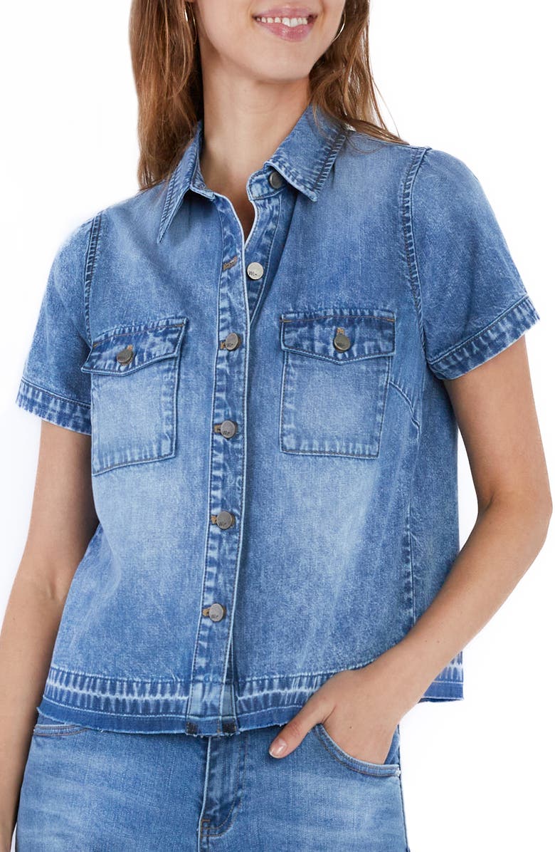 Wash Lab Denim Sara Short Sleeve Denim Shirt, Main, color, Post Blue