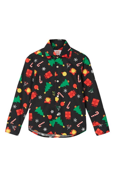 Kids' Christmas Icons Black Long Sleeve Dress Shirt