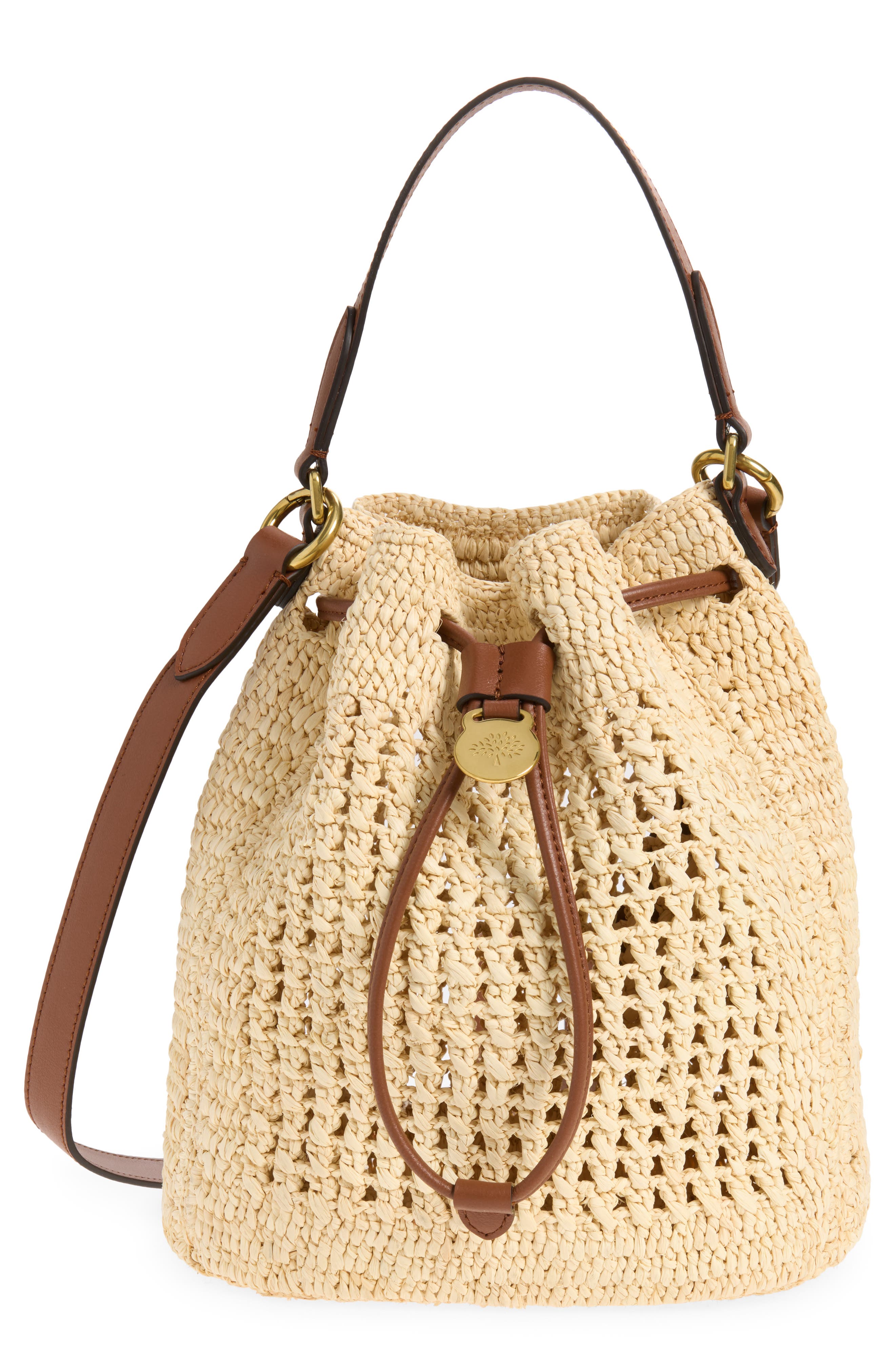 Mulberry Small Crochet Raffia Bucket Bag, Main, color, Natural