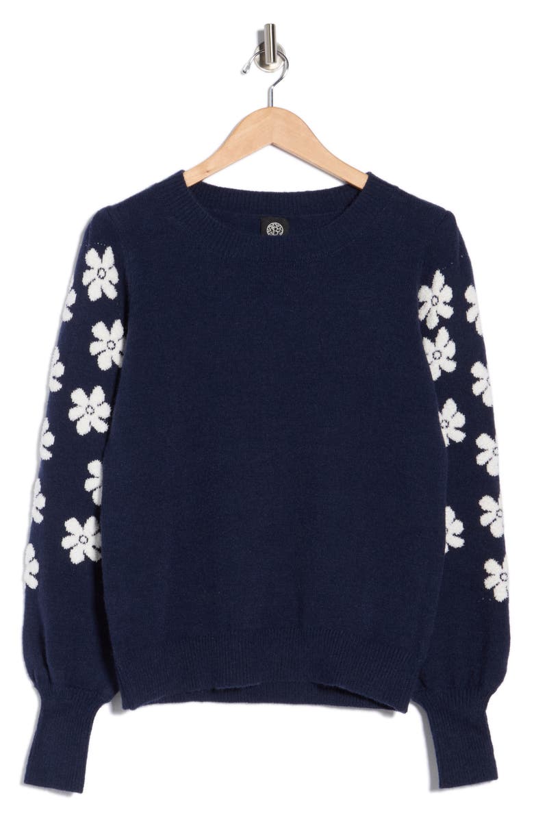 Bobeau Floral Sleeve Sweater, Main, color, Navy/ Ivory