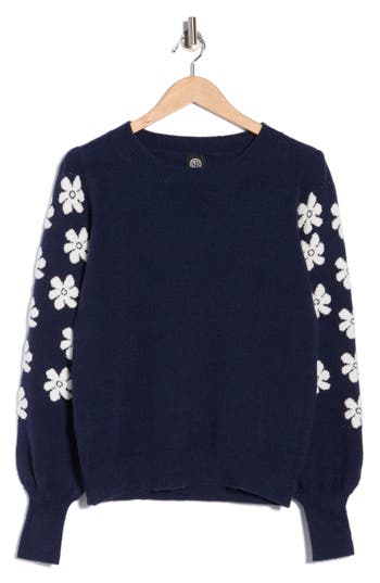 Bobeau Floral Sleeve Sweater In Blue