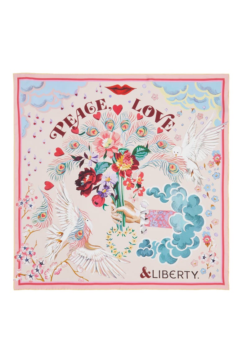 Peace Love Liberty Silk Square Scarf, Main, color, PINK
