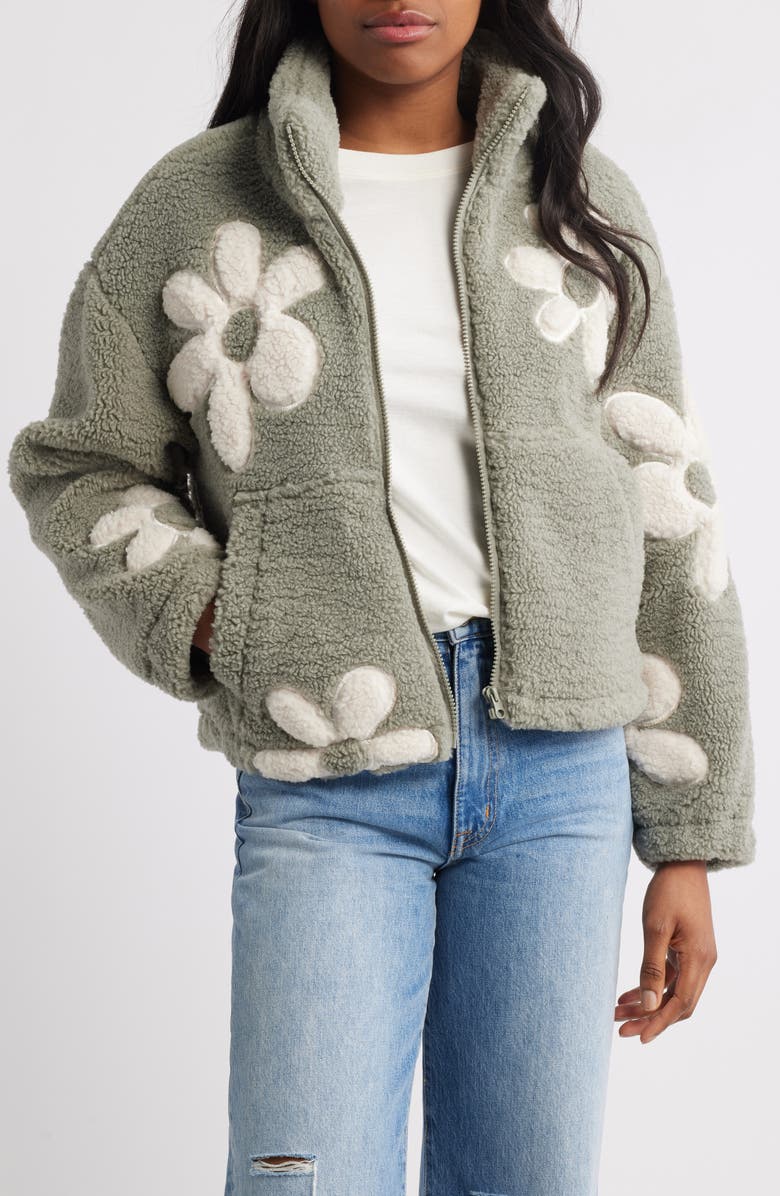 Thread & Supply High Pile Fleece Floral Jacket, Alternate, color, Aqua Gray