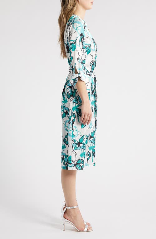 Ming Wang Abstract Print Tie Waist A-line Midi Dress In Emerald Awe Multi