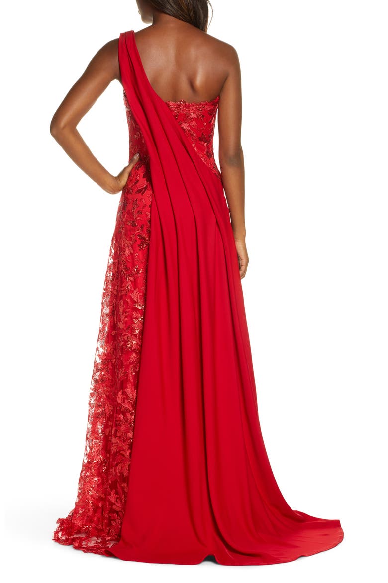 One-Shoulder Sequin Lace & Crepe Gown, Alternate, color, FLAME