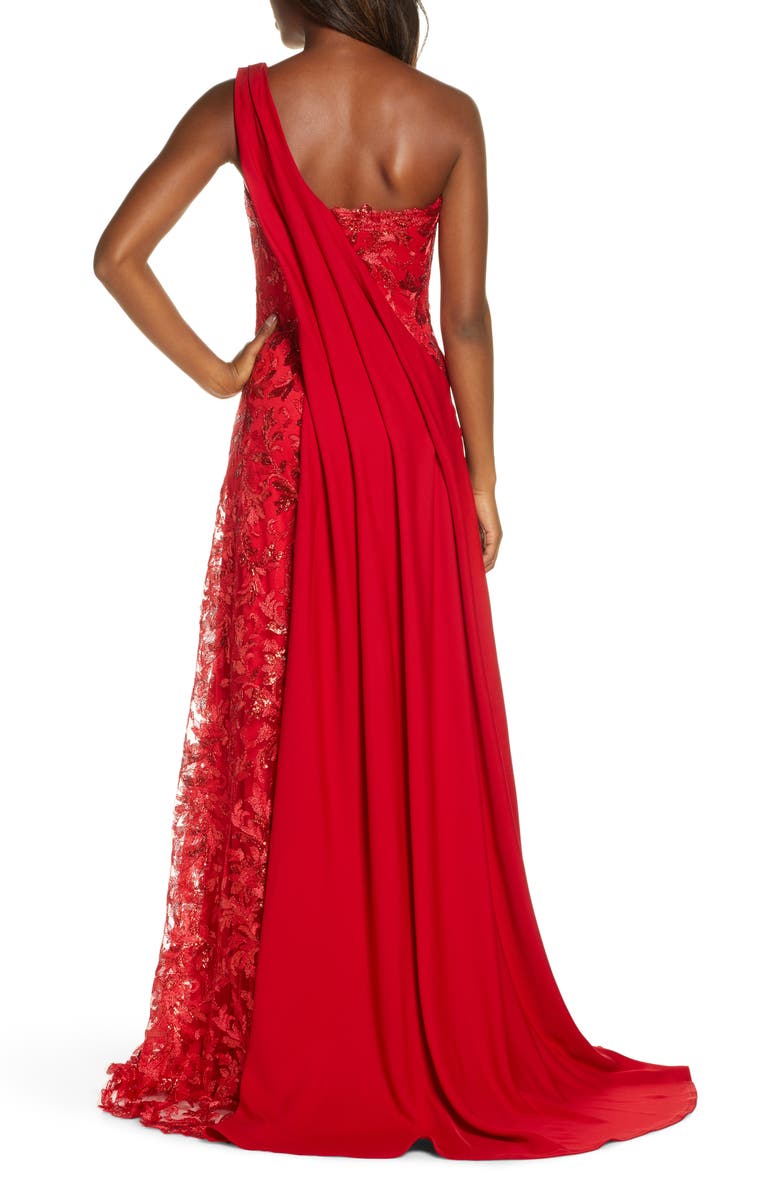 Tadashi Shoji One-Shoulder Sequin Lace & Crepe Gown, Alternate, color,