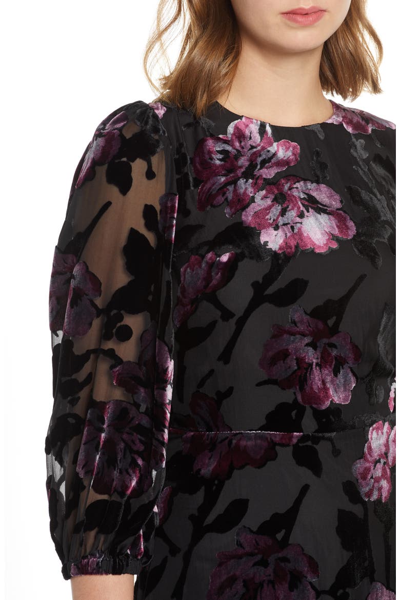 Balloon Sleeve Chiffon Jacquard Dress, Alternate, color, BLACK