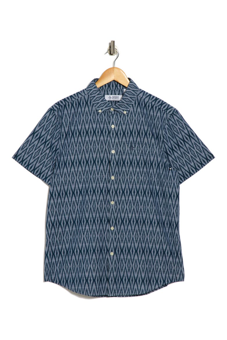 Geometric Print Stretch Cotton Button-Up Shirt, Alternate, color, SARGASSO SEA