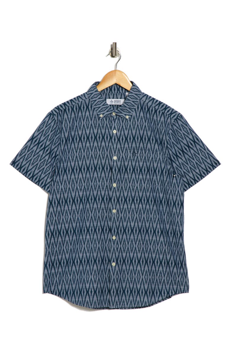Original Penguin Geometric Print Stretch Cotton Button-Up Shirt, Alternate, color, Sargasso Sea