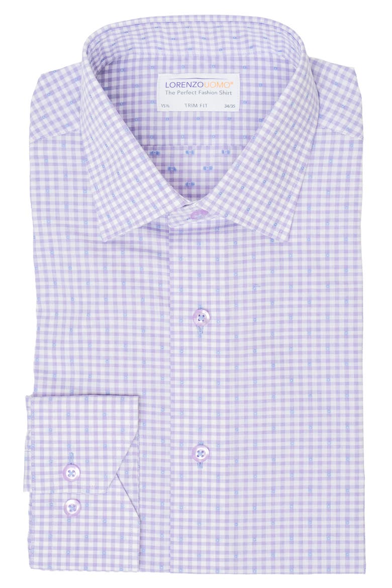 Trim Fit Dotted Gingham Cotton Dress Shirt, Main, color, PURPLE