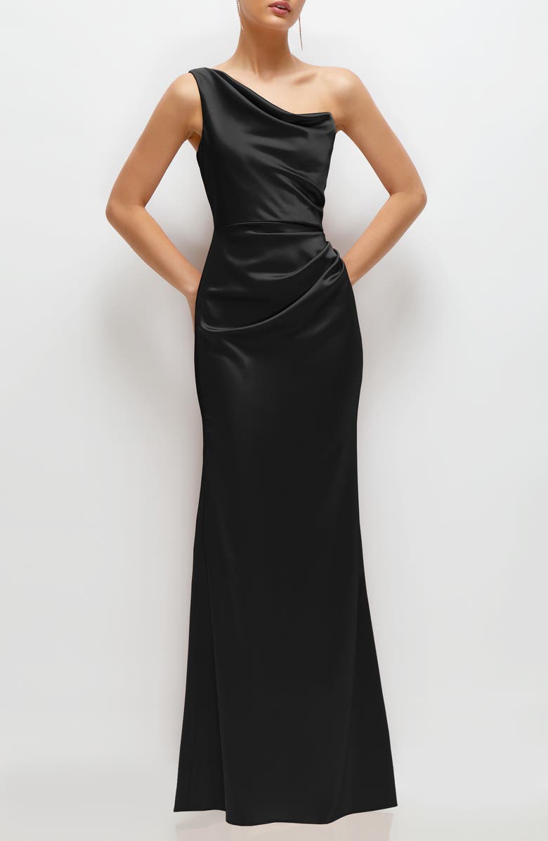 After Six One-Shoulder Satin Charmeuse Gown, Main, color, Black