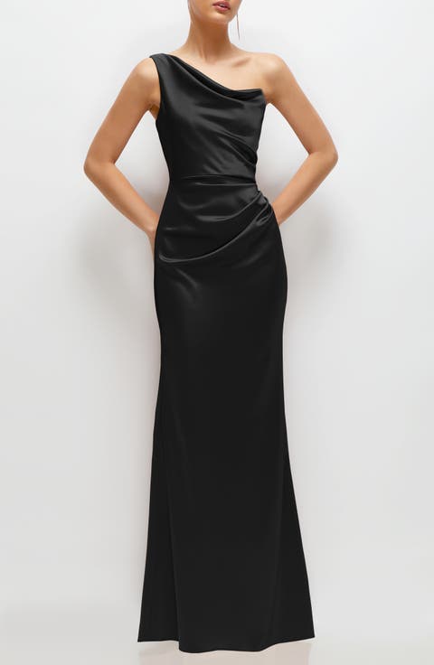 One-Shoulder Satin Charmeuse Gown (Regular & Plus)