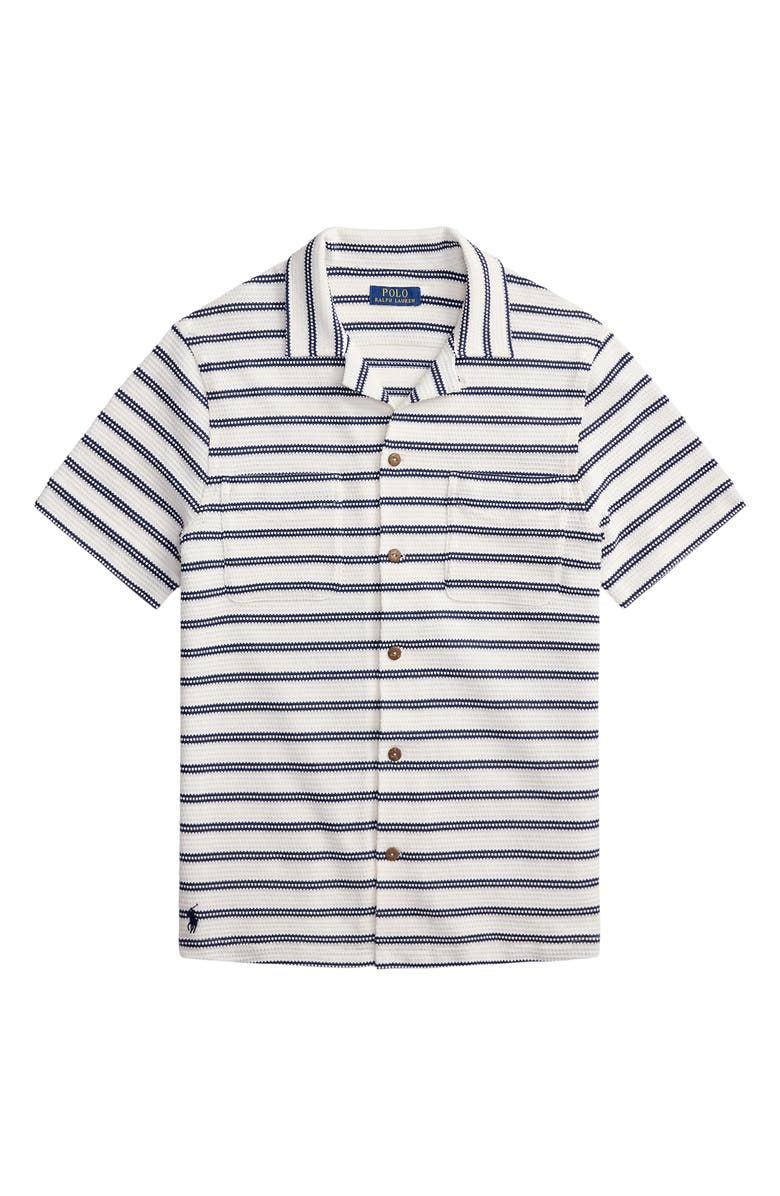 Polo Ralph Lauren Stripe Pointelle Camp Shirt, Alternate, color, Pale Cream/ Newport Navy