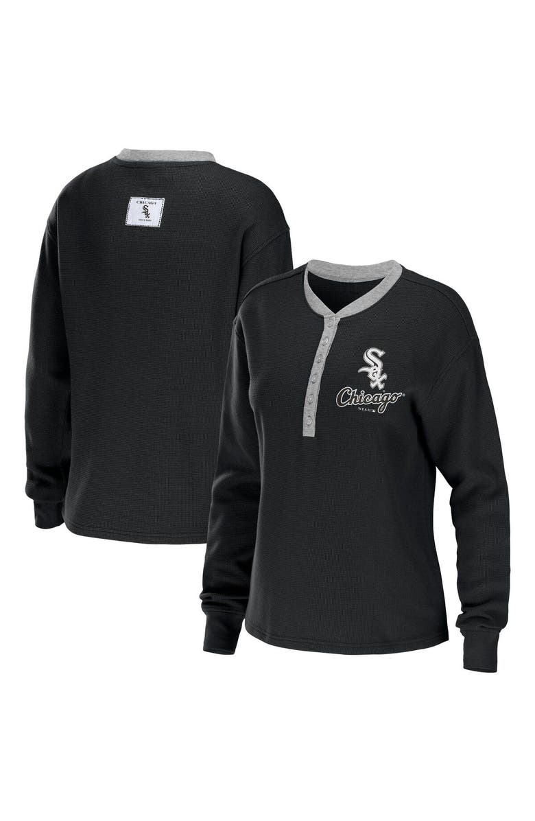 WEAR by Erin Andrews Women's WEAR by Erin Andrews Black Chicago White Sox Waffle Henley Long Sleeve T-Shirt, Main, color, Black