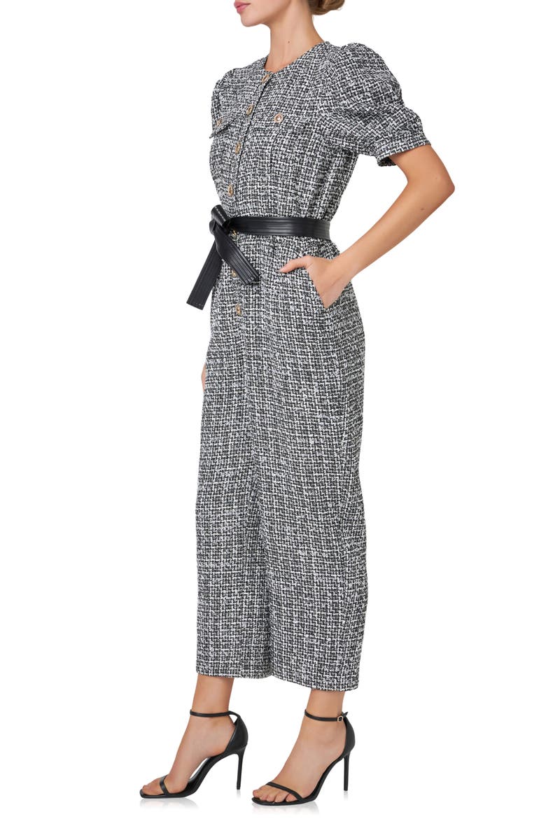 Tweed Puff Sleeve Ankle Jumpsuit, Alternate, color, BLACK/ WHITE