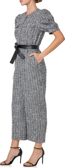 Tweed Puff Sleeve Ankle Jumpsuit