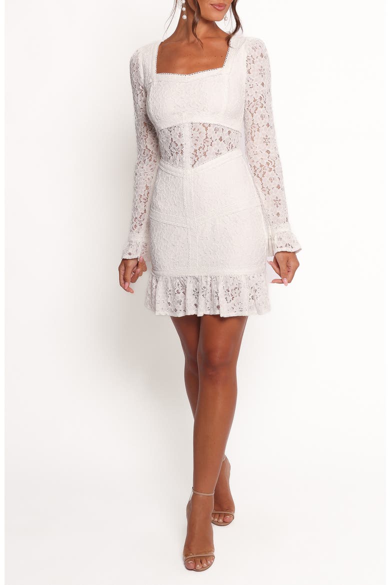Lyra Ruffle & Lace Long Sleeve Minidress, Main, color, WHITE