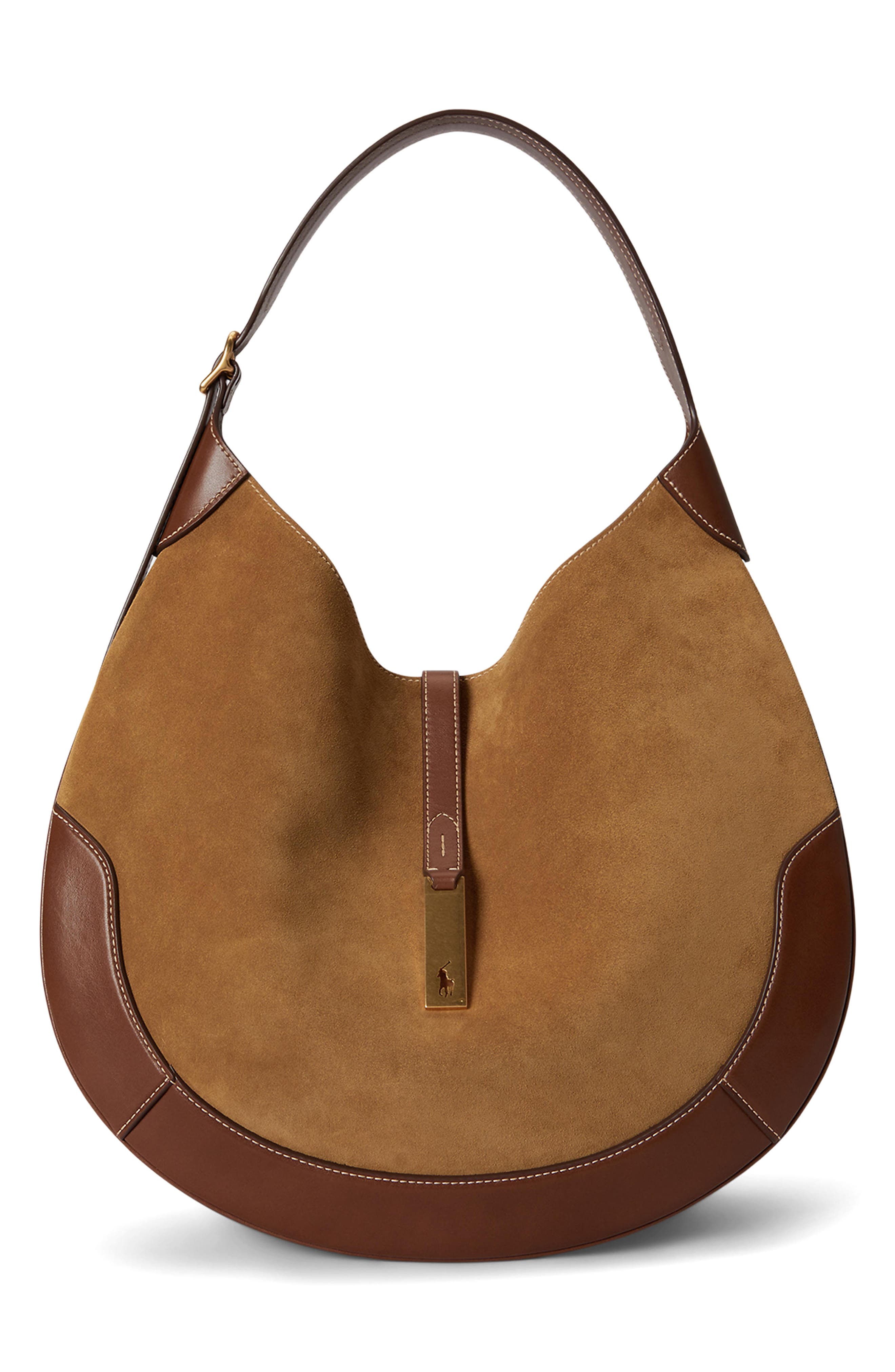 Polo ID Suede & Leather Shoulder Bag, Main, color, CLAY/ TOBACCO