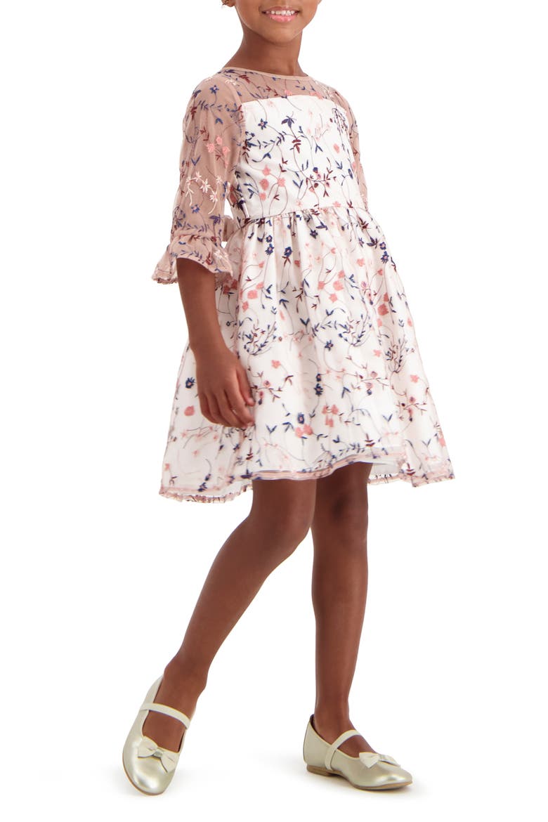 Floral Embroidered Three-Quarter Sleeve Dress, Alternate, color, IVORY