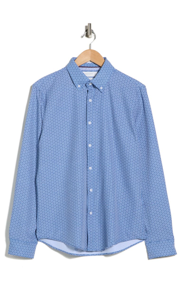 DENIM AND FLOWER Polka Dot Stretch Button-Up Shirt, Main, color, Blue/ White