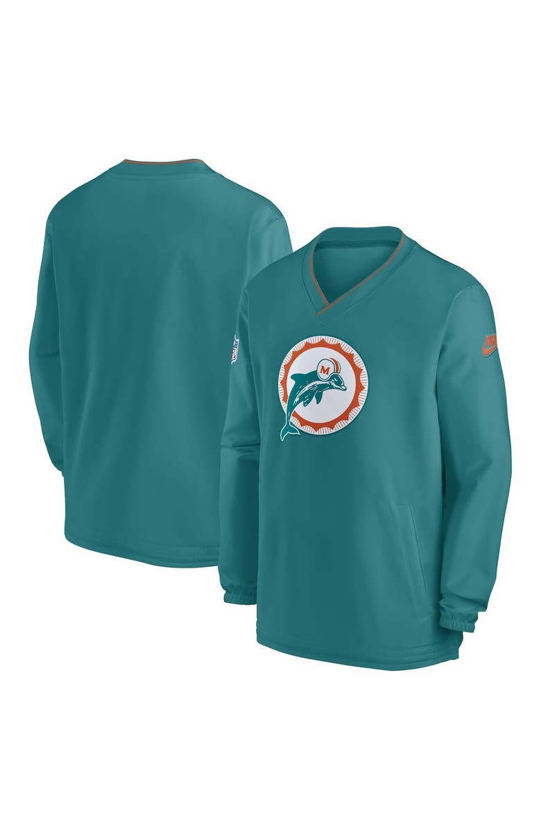 Nike Men's Nike Aqua Miami Dolphins 2024 Sideline Throwback Logo Long Sleeve V-Neck Windshirt, Alternate, color, 