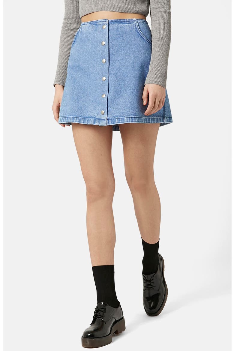 Moto Snap Front Denim Skirt, Main, color, BLUE