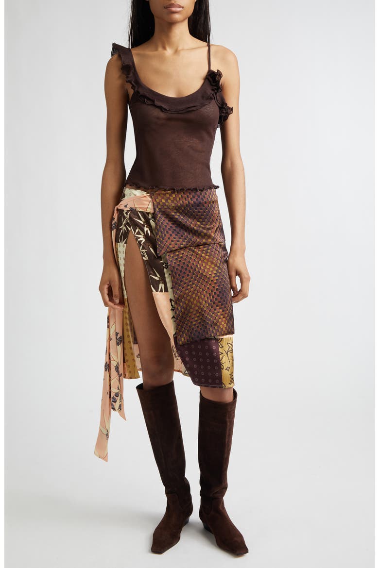 Zoe Patchwork Print Satin Skirt with Sash, Alternate, color, BROWN MULTI