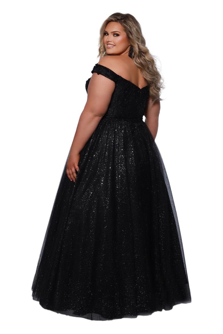 Off the Shoulder V-Neckline Plus Size Ballgown, Main, color, Onyx