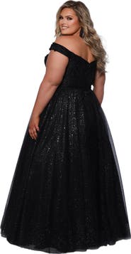 Sydney's Closet Off the Shoulder V-Neckline Plus Size Ballgown