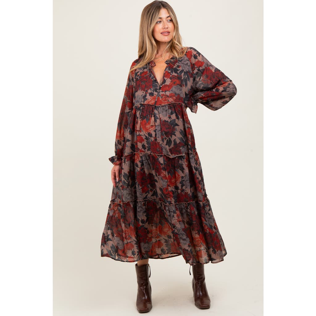 Pinkblush Floral Chiffon Ruffle Tiered Midi Dress In Brown