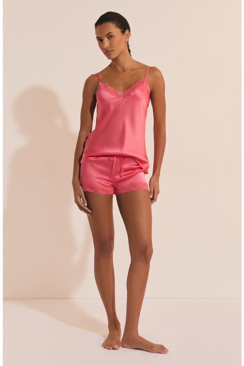 Milky Lace Trim Washable Silk Satin Pajama Shorts, Alternate, color, VERMILION