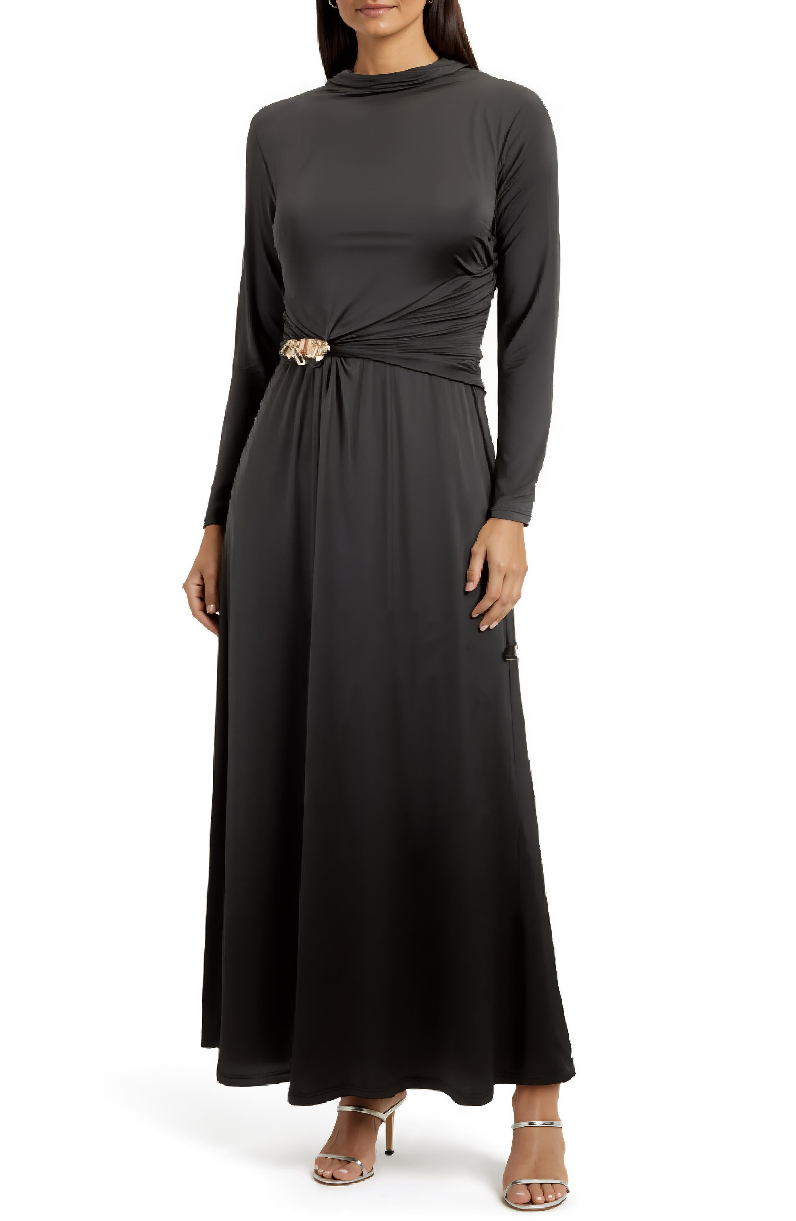 Mila Mae Belt Detail Long Sleeve Slinky Maxi Dress
