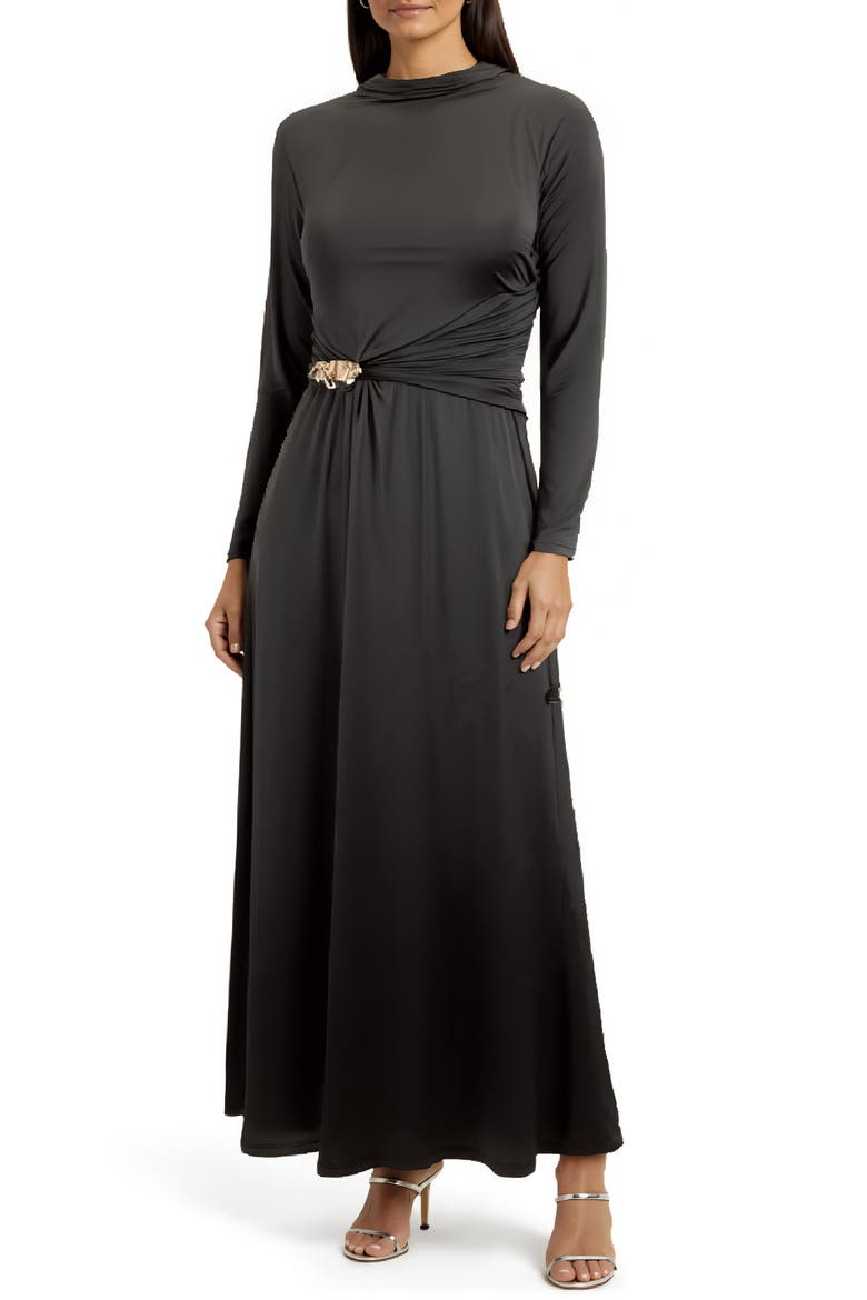 Belt Detail Long Sleeve Slinky Maxi Dress, Main, color, BLACK