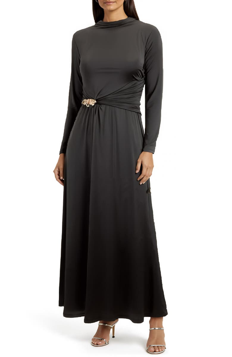 Mila Mae Belt Detail Long Sleeve Slinky Maxi Dress, Main, color, Black