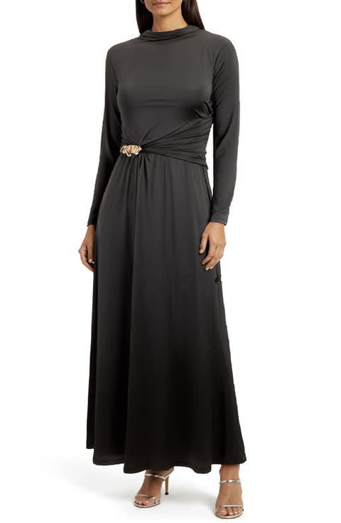 Belt Detail Long Sleeve Slinky Maxi Dress