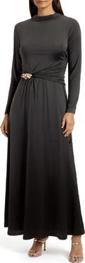Mila Mae Belt Detail Long Sleeve Slinky Maxi Dress