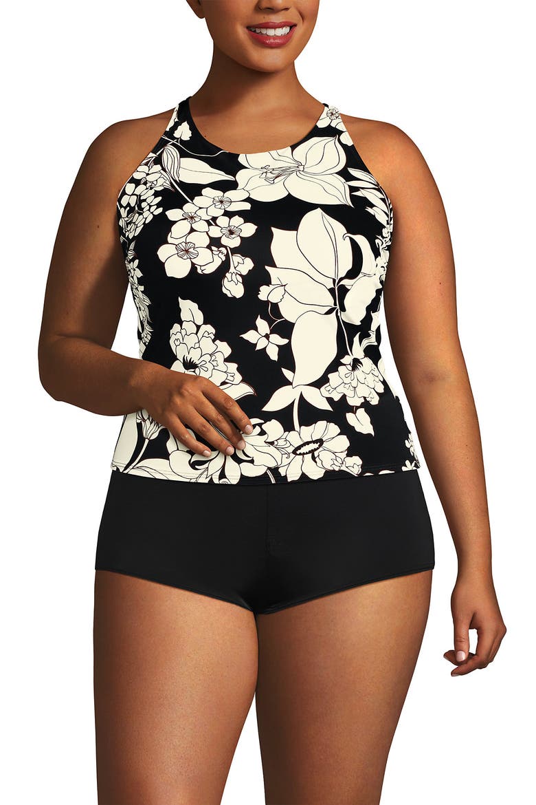 Plus Size DD-Cup Tugless High Neck Strappy Back Tankini Swimsuit Top, Alternate, color, Black/Egret Lilies