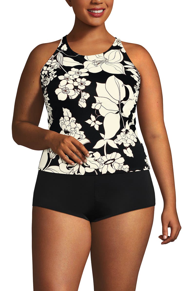 Lands' End Plus Size DDD-Cup Tugless High Neck Strappy Back Tankini Top, Alternate, color, Black/Egret Lilies