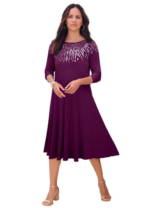 Plus Size 3/4 Sleeve Embellished Boatneck Dress (Plus)