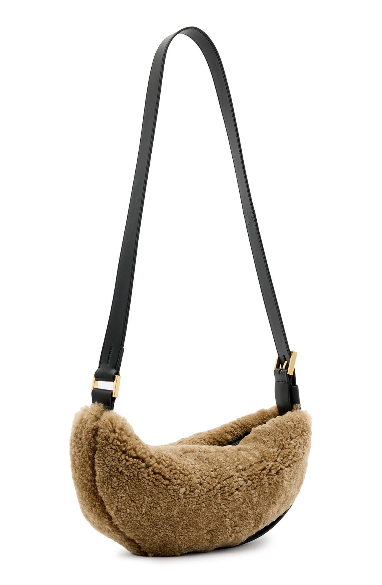 AllSaints Half Moon Genuine Shearling Crossbody, Alternate, color, 