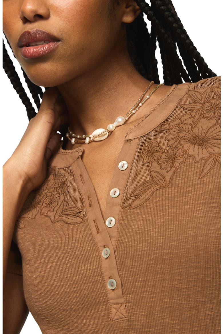 Cutwork Henley Top, Alternate, color, PECAN PIE