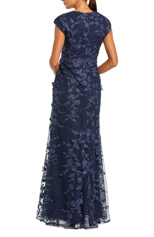 Mac Duggal Faux Wrap Embroidered Cap Sleeve Gown In Blue