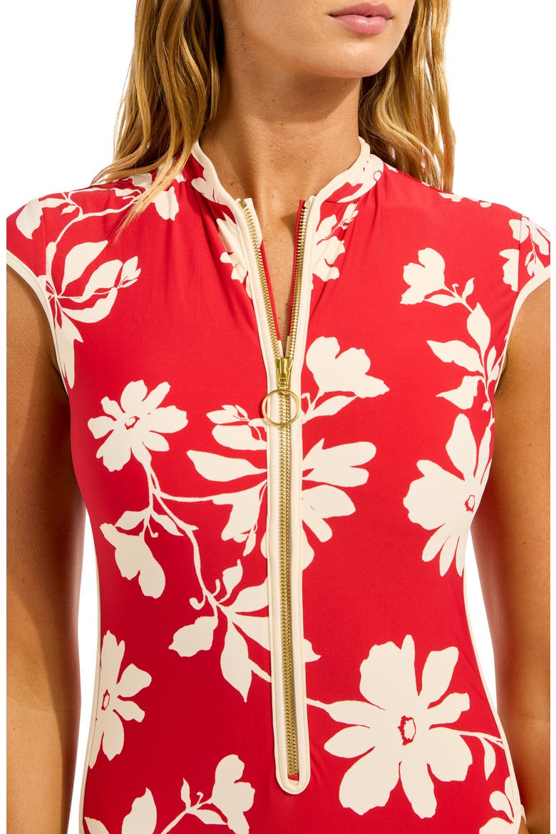 Cap Sleeve Zip Front One-Piece Swimsuit, Alternate, color, COSMO RED